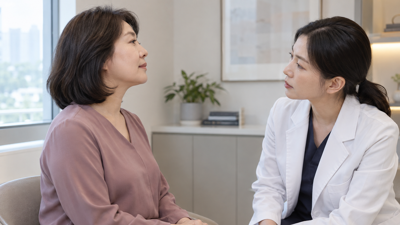 성인의 옆모습과 턱밑을 접촉 없이 바라보는 의료진 역할의 인물