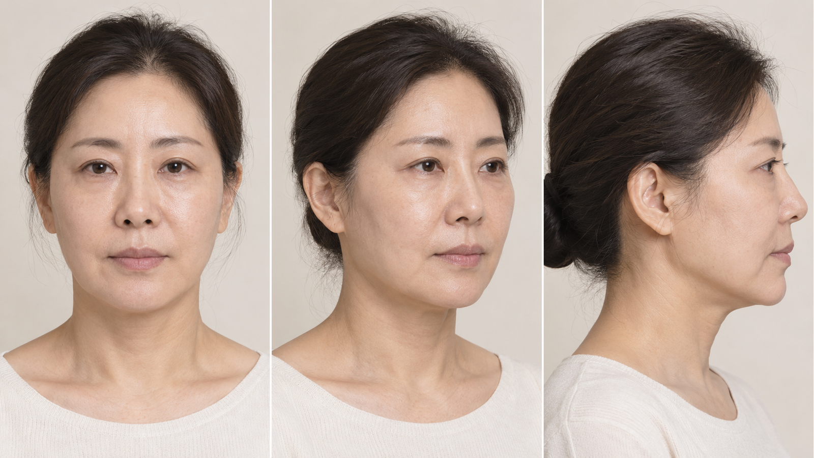 성인의 얼굴을 정면과 사선, 측면에서 나란히 보여주는 세 패널 이미지