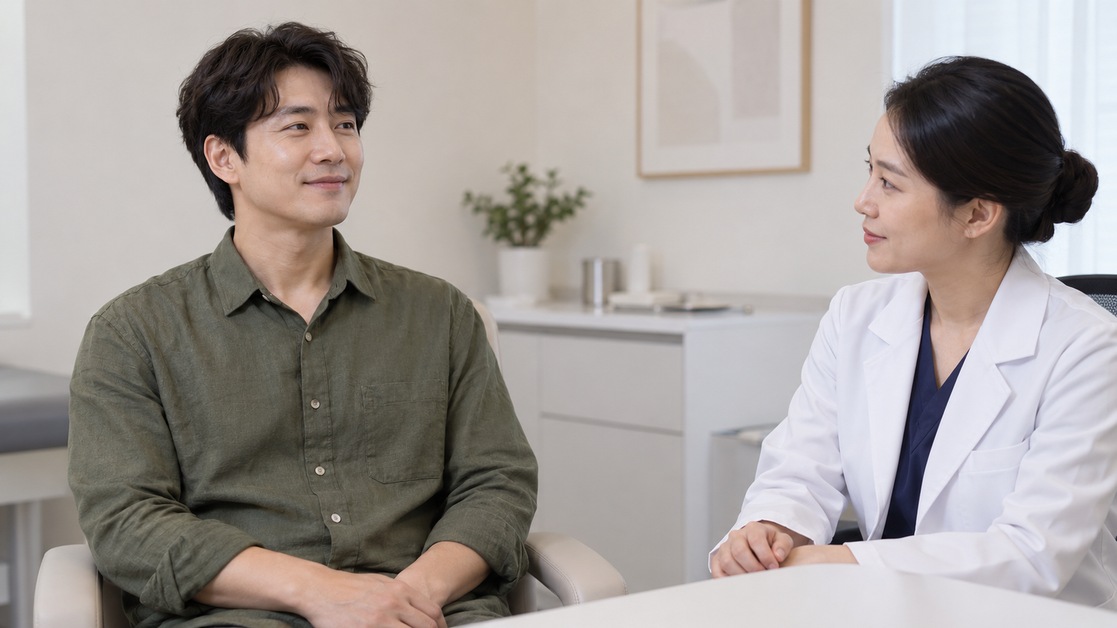 가볍게 미소 짓는 성인의 얼굴을 흰 가운을 입은 의료진 역할의 인물이 바라보는 장면